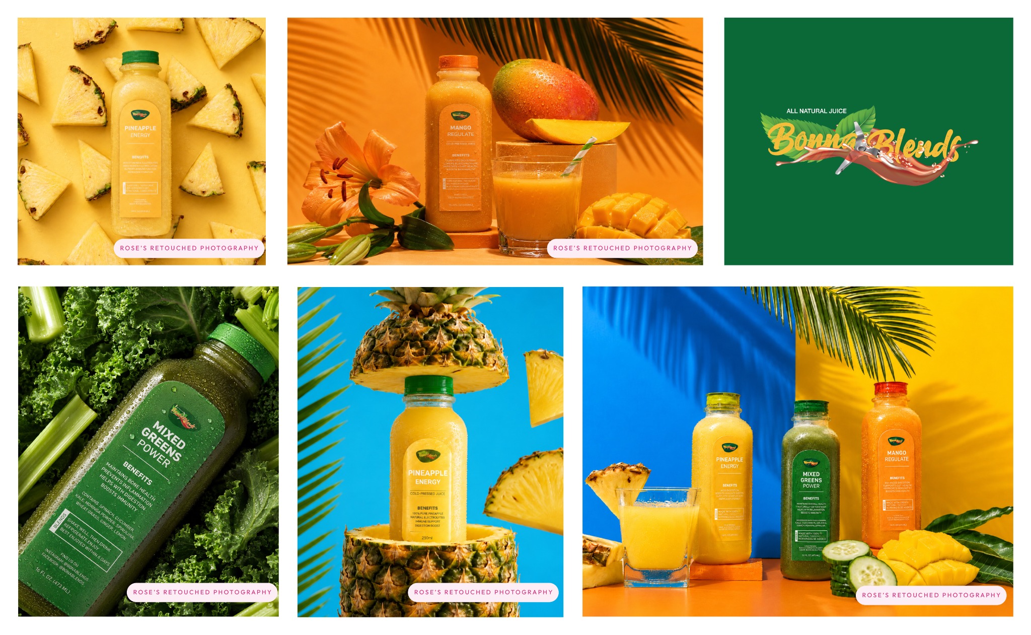 Bonna Blends juice packaging and retouched pineapple, mango and green juice product photography