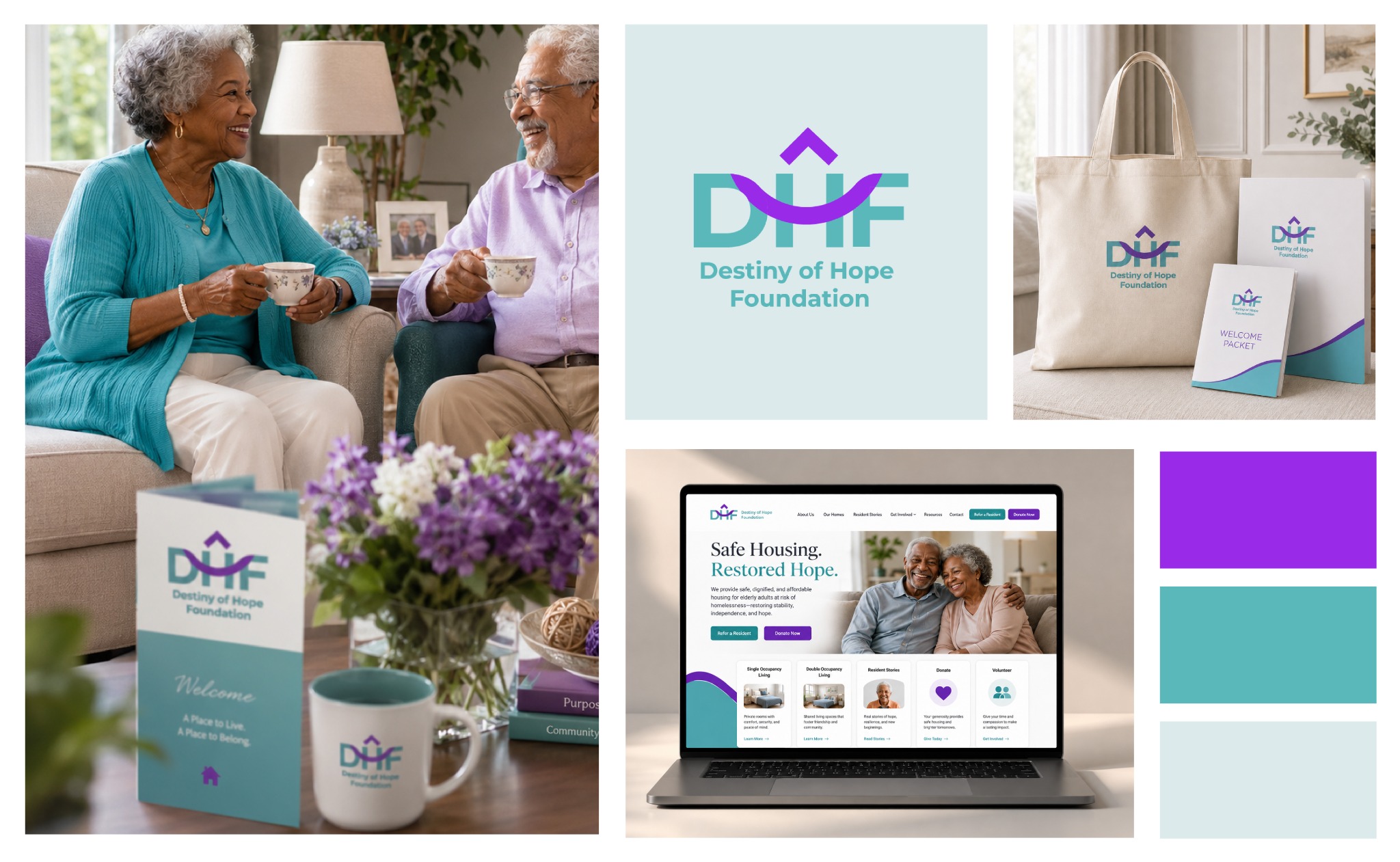 Destiny of Hope Foundation logo, branded collateral, website and teal-and-purple palette