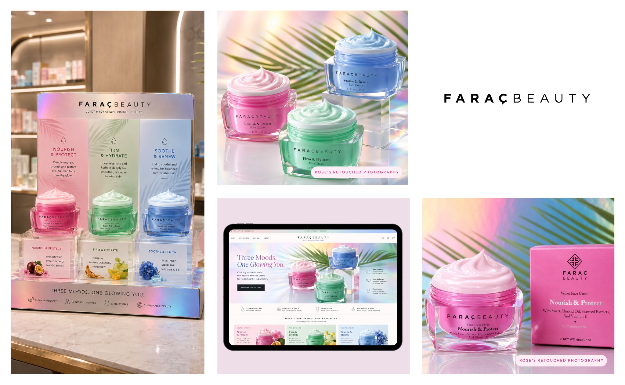 Farac Beauty skincare packaging, colorful jars, website, logo and retouched beauty photography