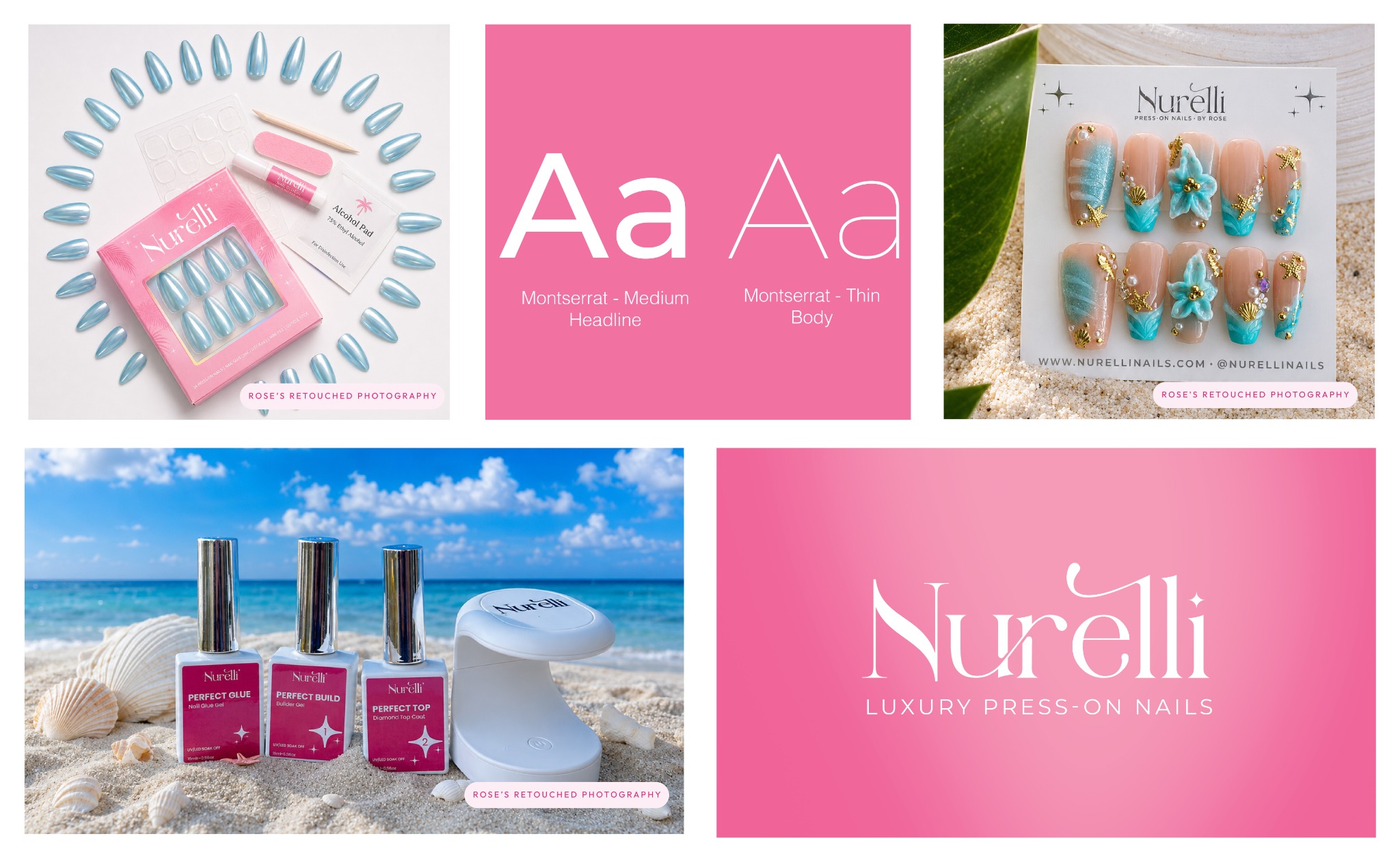Nurelli luxury press-on nail branding, pink and blue nail products, retouched imagery and typography