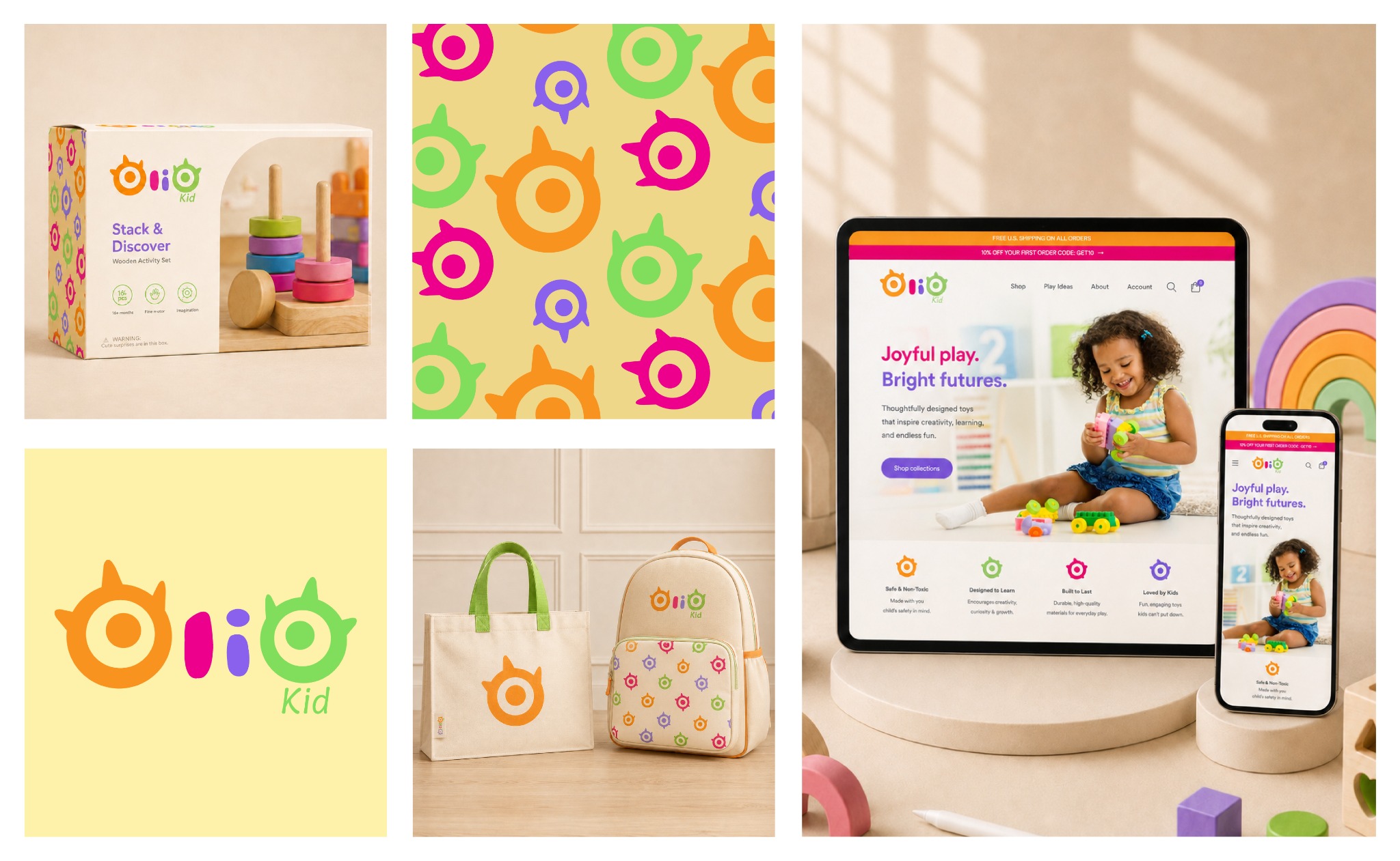 Olio Kid colorful toy packaging, cheerful identity, patterned bags and responsive website design