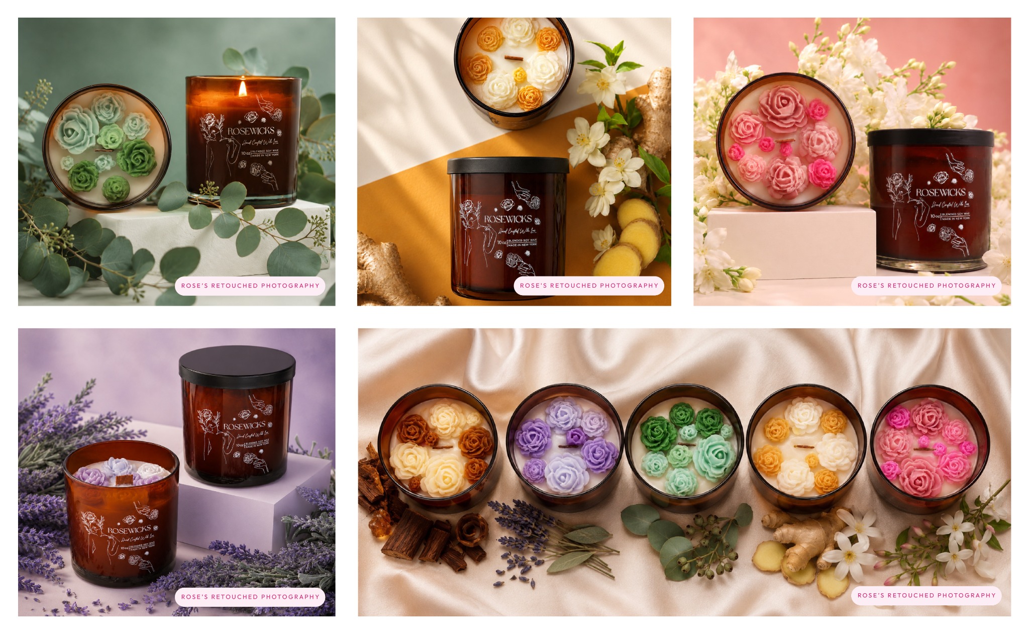 Rosewicks floral candles with retouched botanical product photography and scented collection imagery