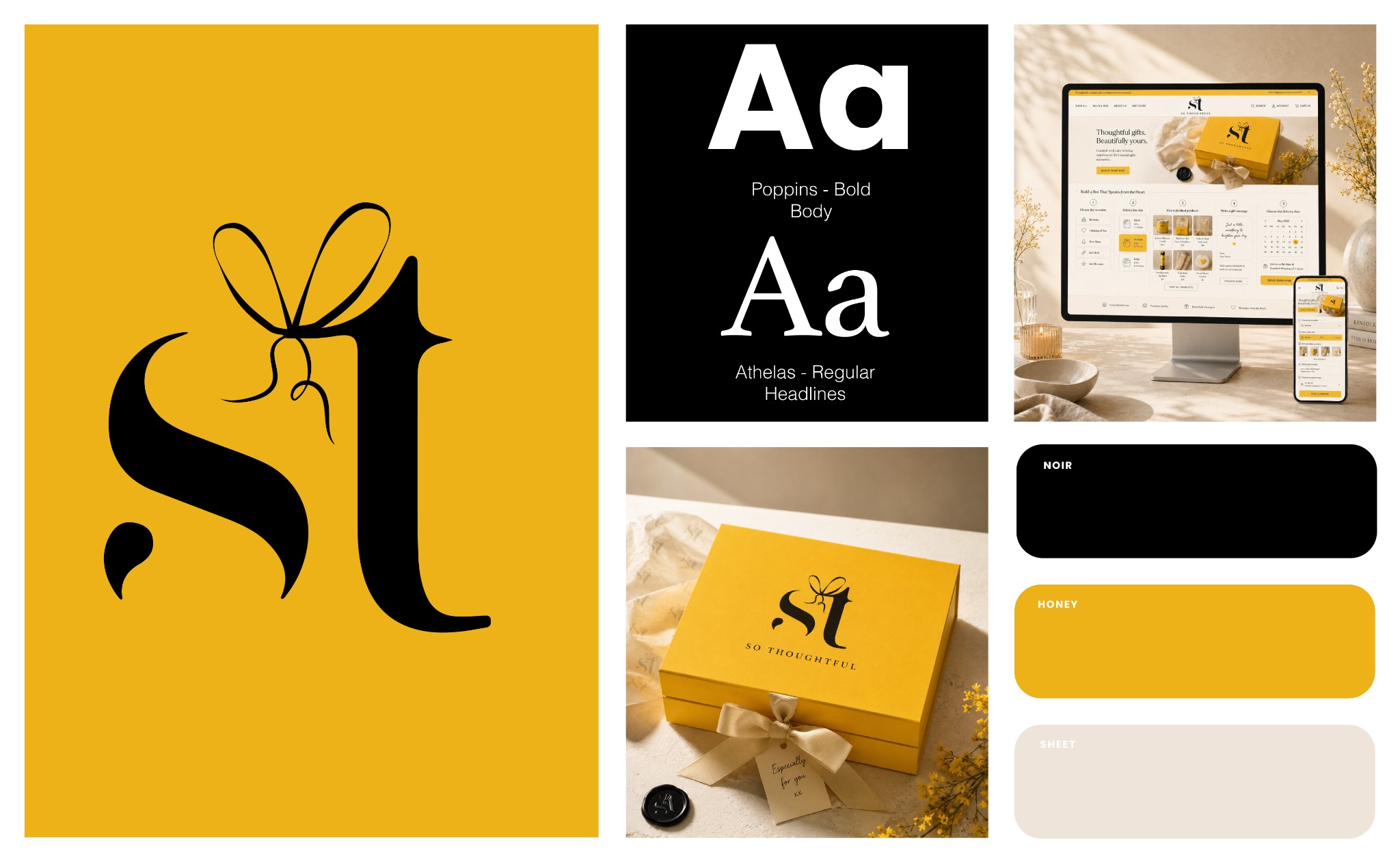 So Thoughtful identity, gift box, website mockups, typography and yellow-and-black palette