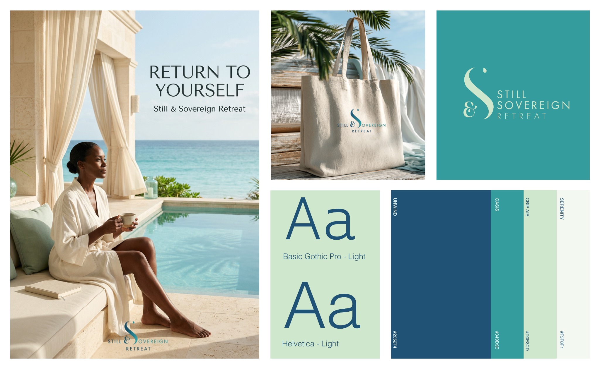 Still & Sovereign Retreat identity, poolside campaign, branded tote, typography and color palette