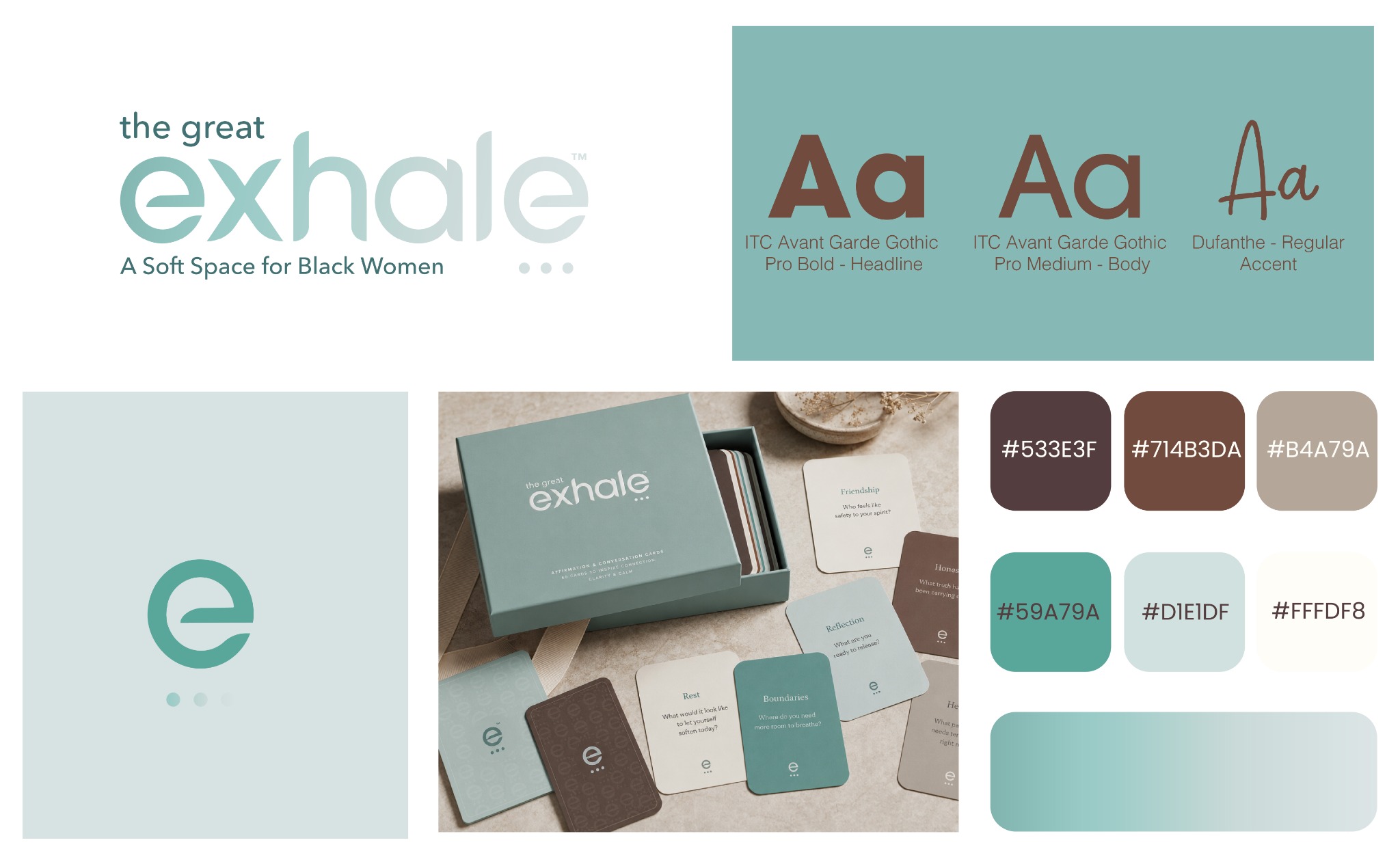 The Great Exhale identity, affirmation card packaging, color palette and typography